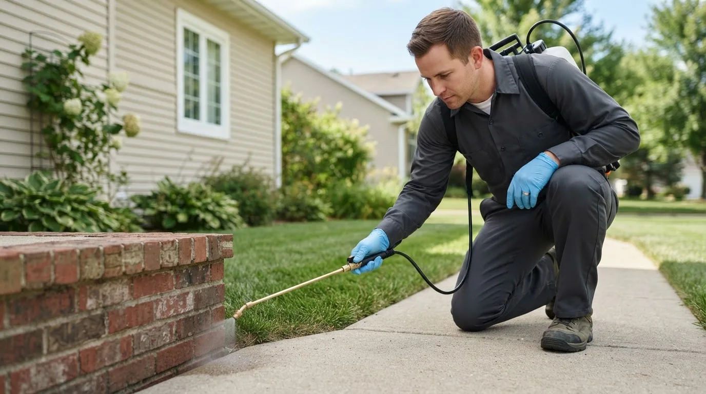 Pest control technician treating a home near Onaga, KS