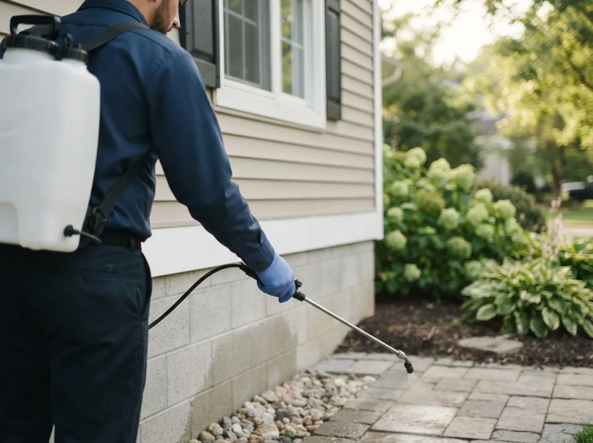 Pest control technician inspecting a home in Onaga, KS